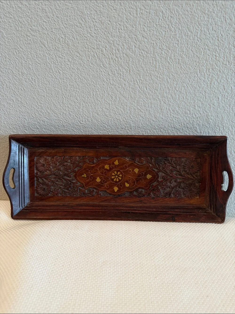 Vintage Indian Hand Carved Wooden Serving Tray w/ Inlay 15.5